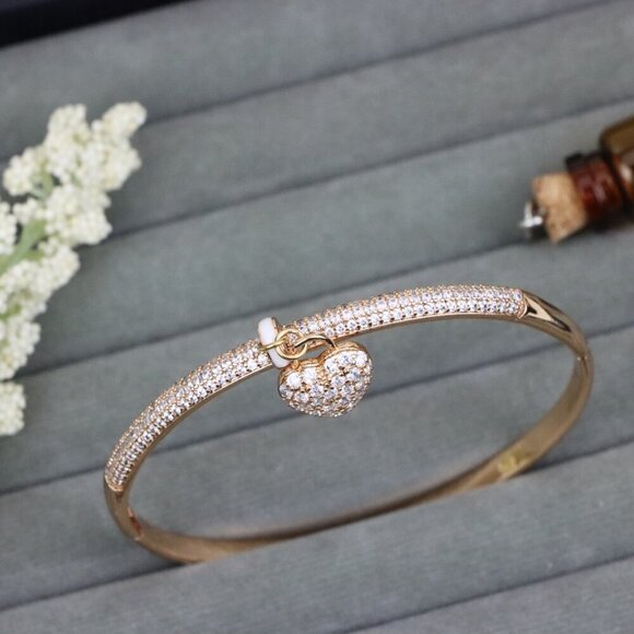 Rose Gold Bangle with Sparkling Heart Charm and Crystal Detailing, XPBL0567 - Picture 1 of 12